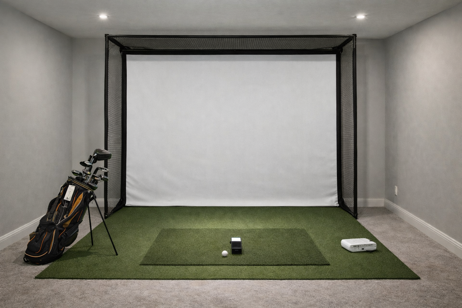 Compact indoor golf simulator enclosure with turf mat and projector